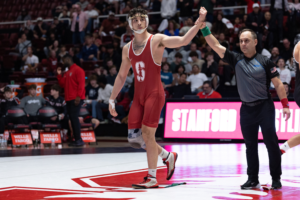 Angelo Posada during Stanford wrestling's dual against Cal Poly