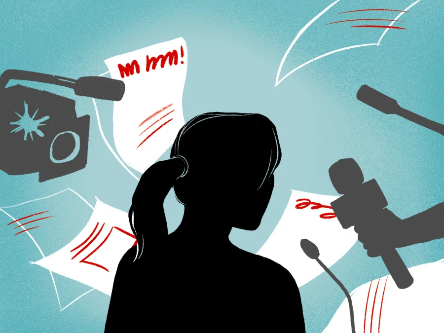 Illustration of a student surrounded by microphones and reporting equipment. Illustration: Chinyoung Shao / The Stanford Daily.